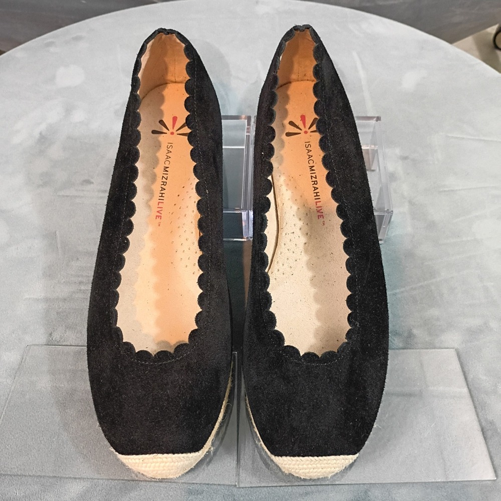 Isaac Mizrahi Live Black Suede Scalloped Espadrille Flats Cap Toe Shoes Womens